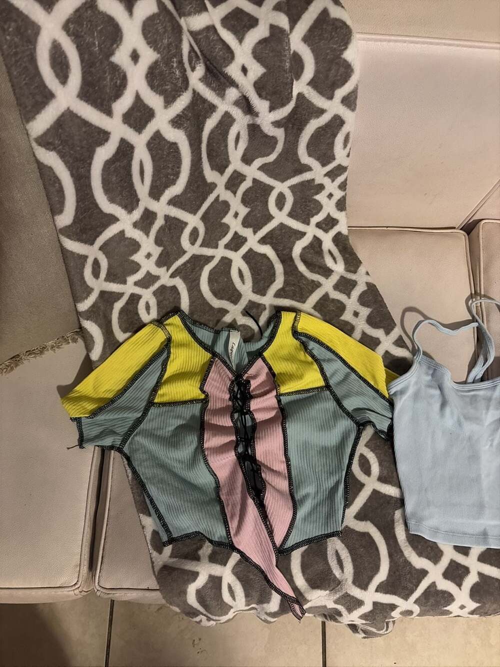 Colorblock Lace-Up Short Sleeve Crop Top and Light Blue Cami Set